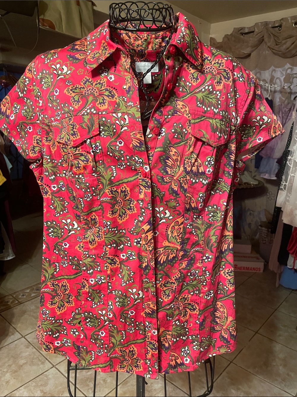 Charter Club Red Floral Button-Down Short Sleeve Shirt
